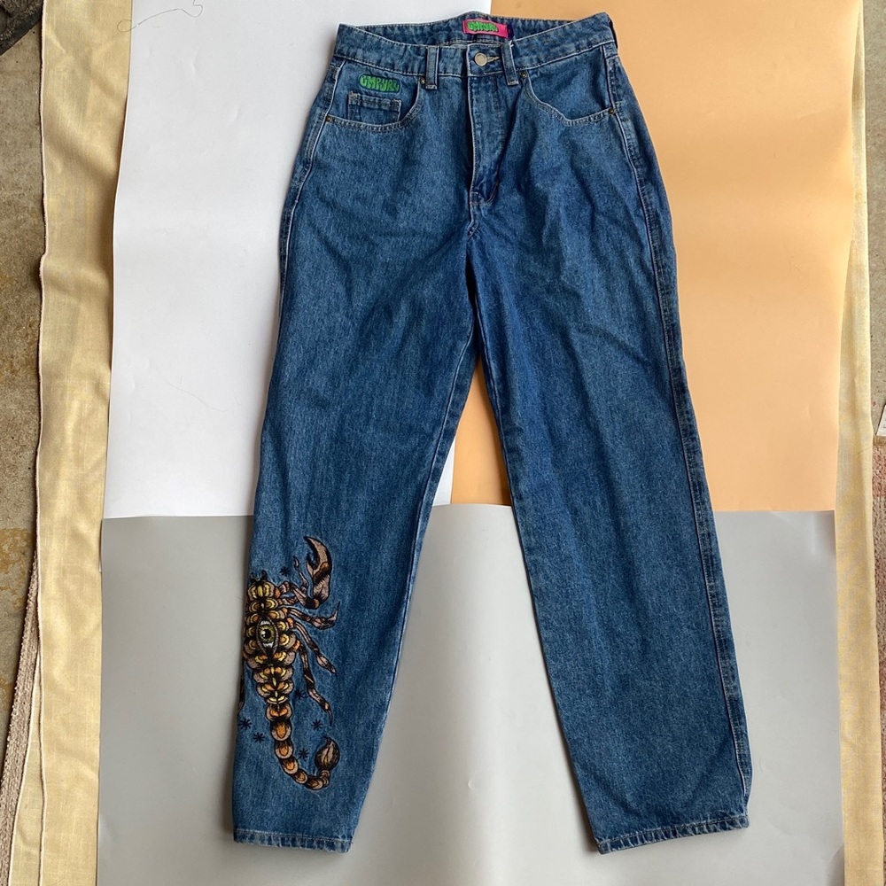 Empyre Blue Straight Leg Jeans with Scorpion Embroidery